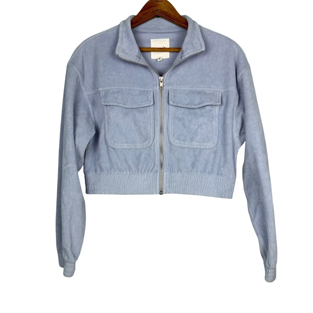 Aerie Womens XS Light Blue Corduroy Full Zip Cropped Bomber Jacket Mock Neck